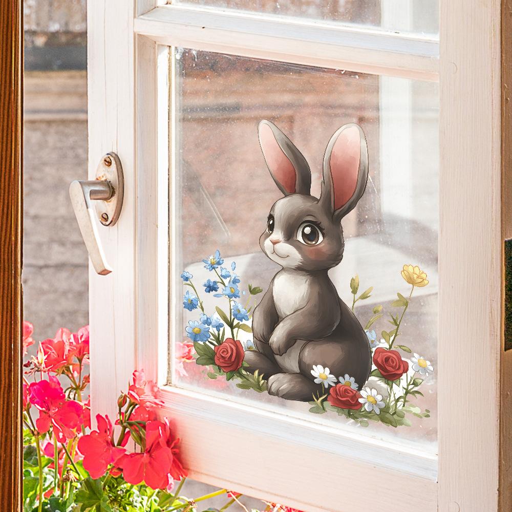 Adesivo de Parede Coelho Fofo Campo de Flores Autoadesivo Removível Quarto Sala de Estar Corredor Dormitório Decoração de Casa Arte