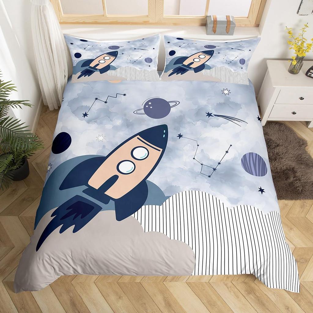 Rocket Print Duvet Cover Sets Queen King Size Lightweight Quilt Covers Bedroom Decor Cartoon Universal Bedspread Covers No Quilt