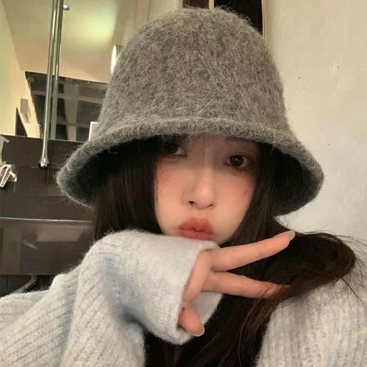 Winter versatile mixed color bucket hat women keep warm and show small face plush knitted bucket hat temperament versatile basin hat