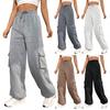 Women Cargo Pants Elastic High Waist Adjustable Drawstring Long Pants with Multi Pockets Wide Leg Design Solid Color Casual Pants