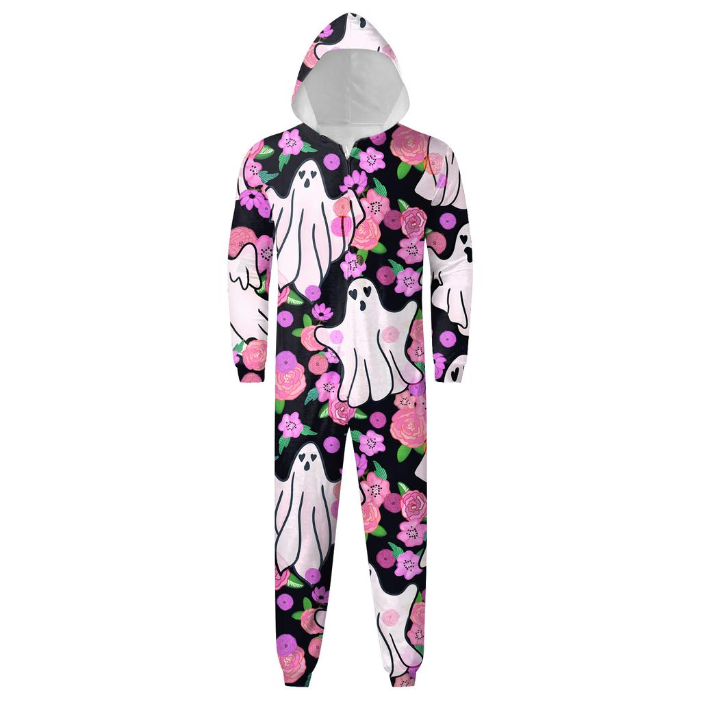 Halloween Printed Family Matching Hooded Long Sleeved Zippered Hooded Jumpsuit Set