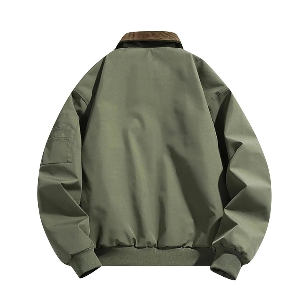 Men's Autumn Winter Turn Down Collar Jacket Solid Color Casual Sports Jacket Full Zipper Lightweight Outdoor Workwear Tops
