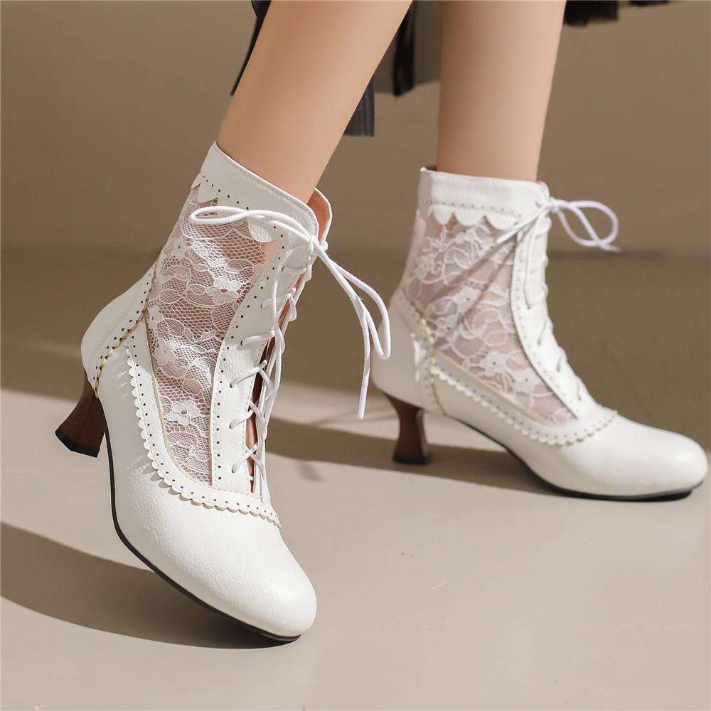 Fashion 2025 New Lace Up Hollow Mesh Victorian Ladies High Heel Shoes Strange Steampunk Boot Ankle Boots Women Thick Soled Short Boots