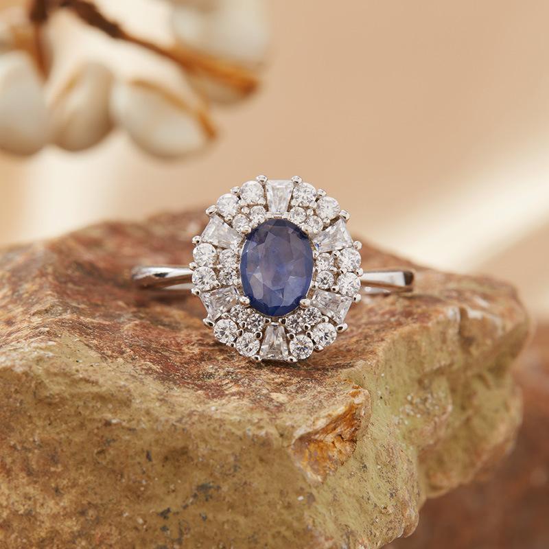 Natural Sapphire Colored Treasure Ring Women'S S925 Sterling Silver Light Luxury High-End Index Finger Ring Earrings
