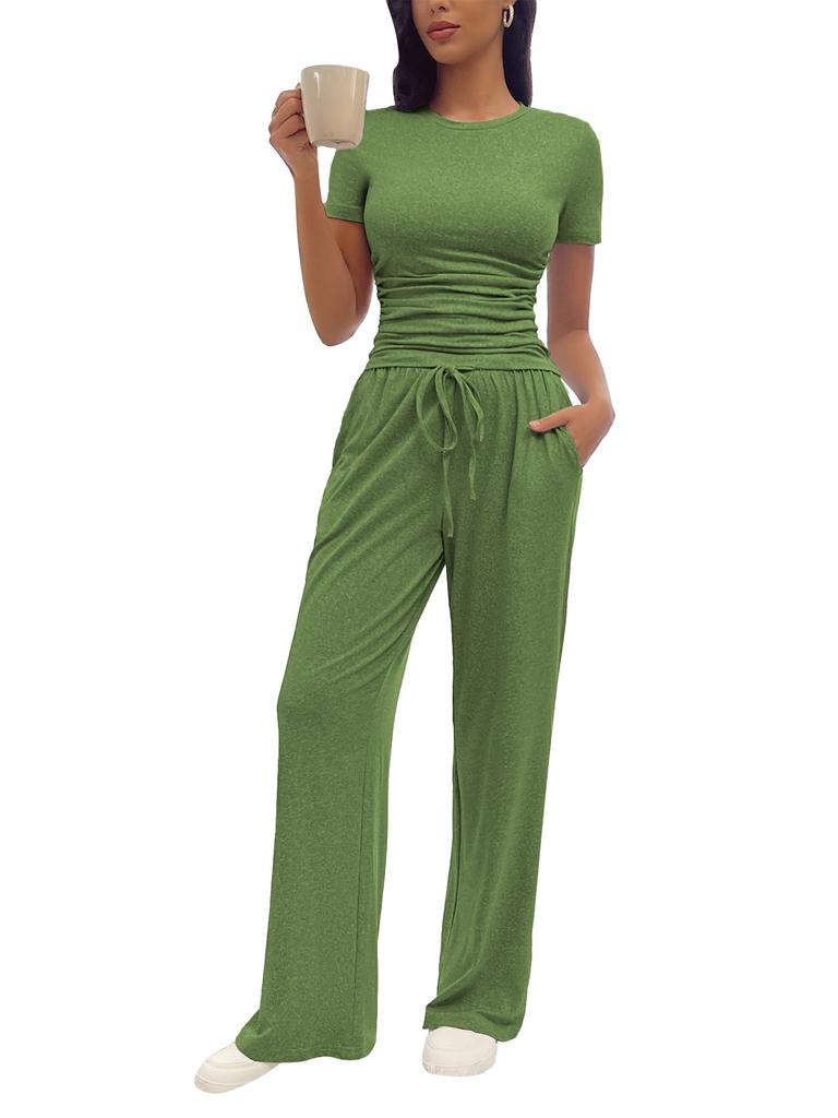 Fashion Casual Set Kardashian Style Ruched Short Sleeve Top Long Pants Set For Women