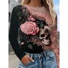 Halloween Skull Pistil  Graphic Print T-Shirt, Long Sleeve Crew Neck Casual Top, Spring Autumn, Women's Clothing