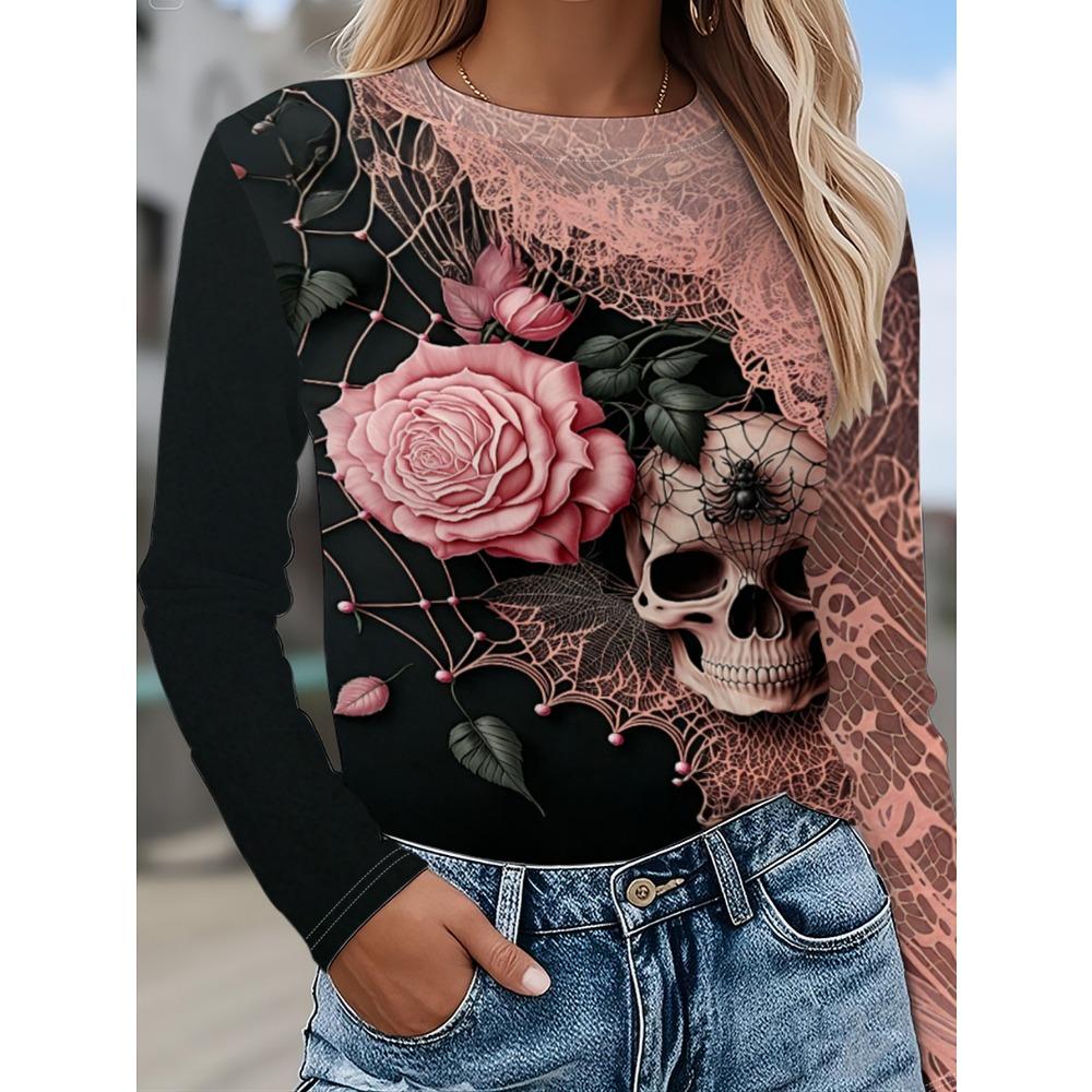 Halloween Skull Pistil  Graphic Print T-Shirt, Long Sleeve Crew Neck Casual Top, Spring Autumn, Women's Clothing