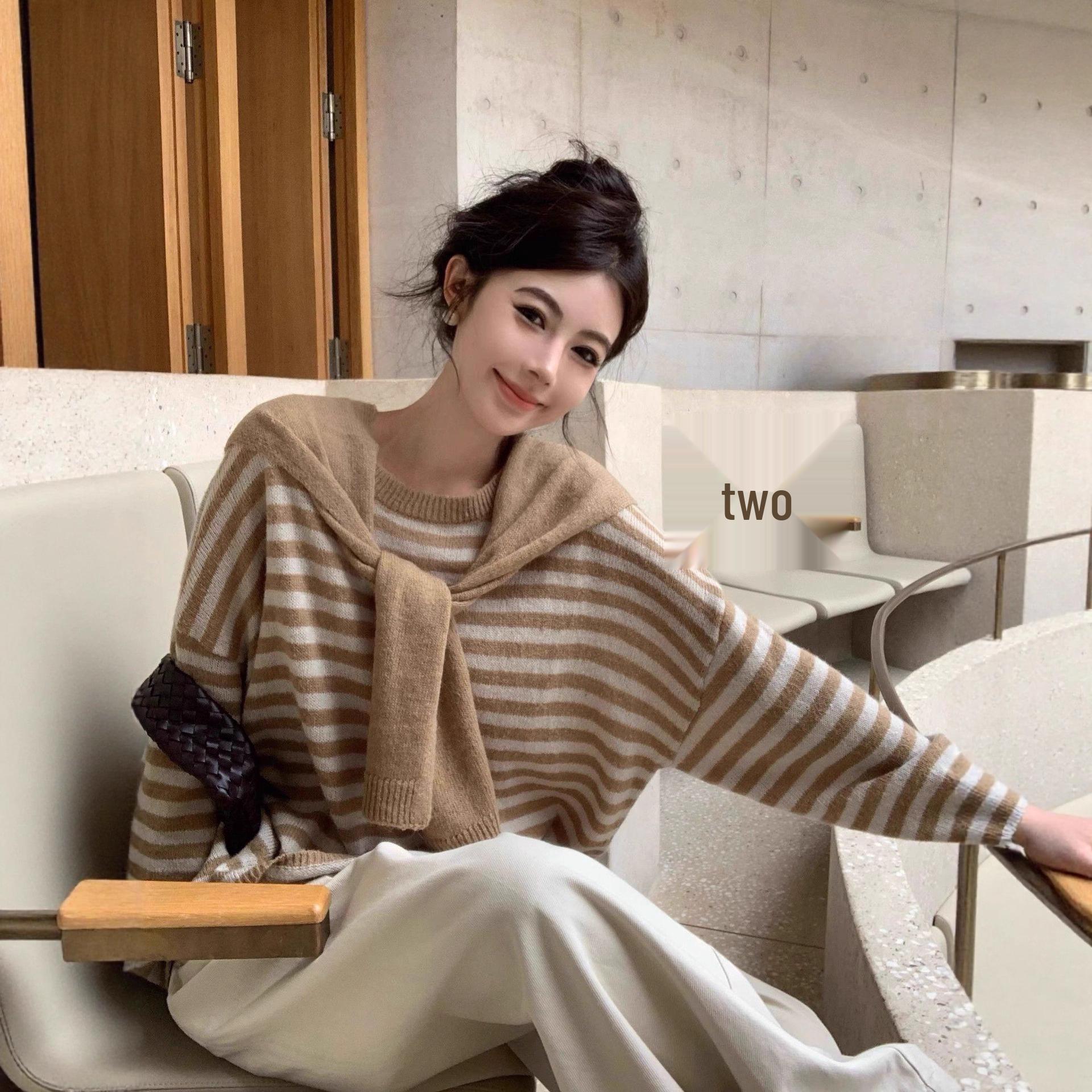 

Two-Piece Color Block Layered Shawl Knitwear: Women s Autumn Striped Long Sleeve Loose Sweater One Size хаки