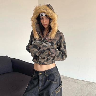 VAYLA Streetwear Zip Hoodies Camo Embroidered Sequins Y2K Womens Clothes Hip Hop Retro Harajuku Gothic Punk Cropped Hoodies Sweatshirt