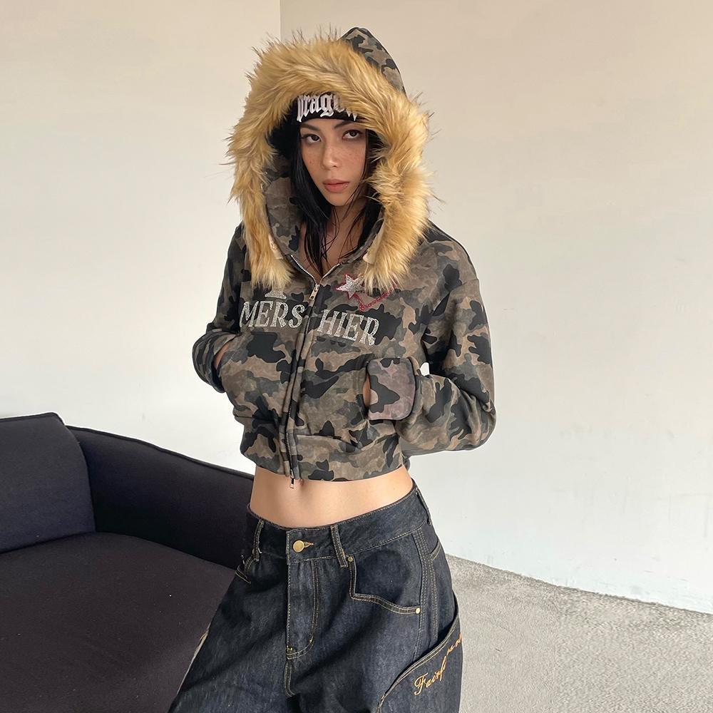 Streetwear Zip Hoodies Camo Embroidered Sequins Y2K Womens Clothes Hip Hop Retro Harajuku Gothic Punk Cropped Hoodies Sweatshirt