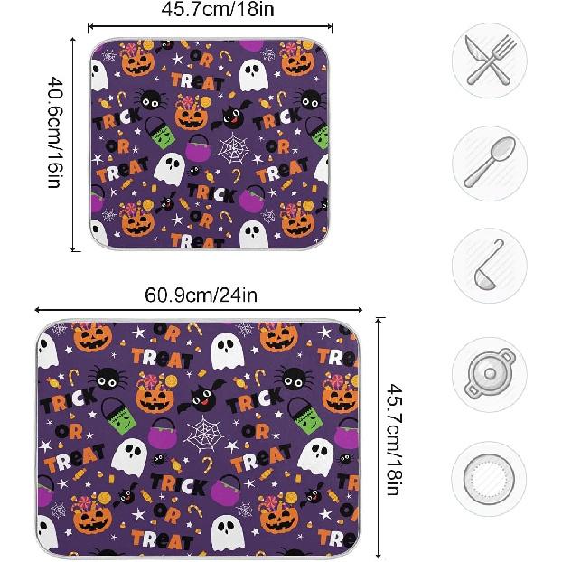Happy Halloween Purple Pumpkin Fall Dish Drying Mat 16x18 for Kitchen Counter Trick or Treat Spooky Ghost Reversible Dishes Draining Mats Medium