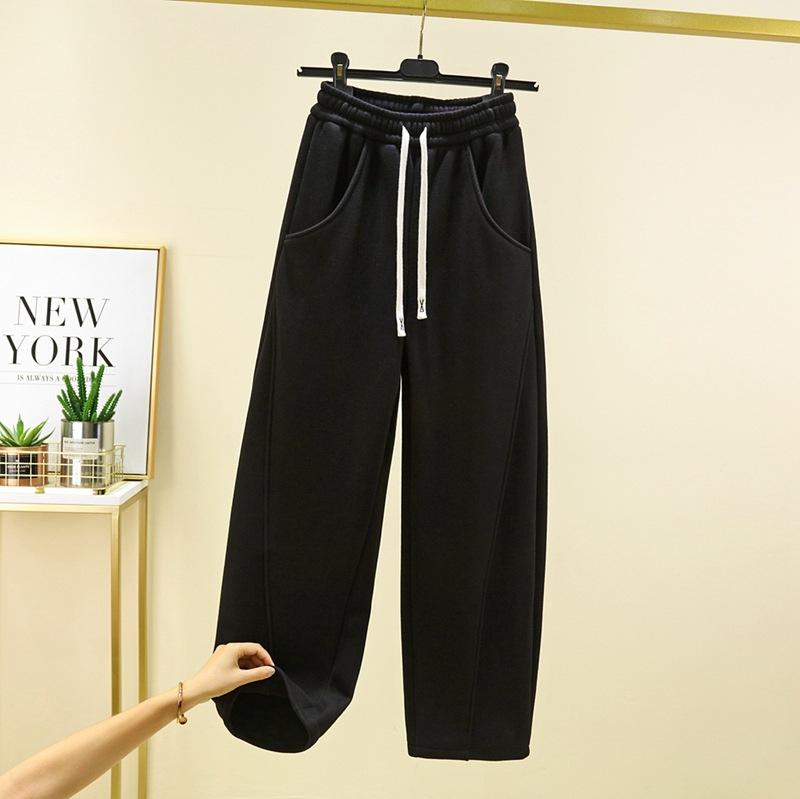 Warm Winter Straight Pants Women's Plush Fleecing Thermal Wide Leg Silhouette Trousers Corduroy Baggy Black Trousers