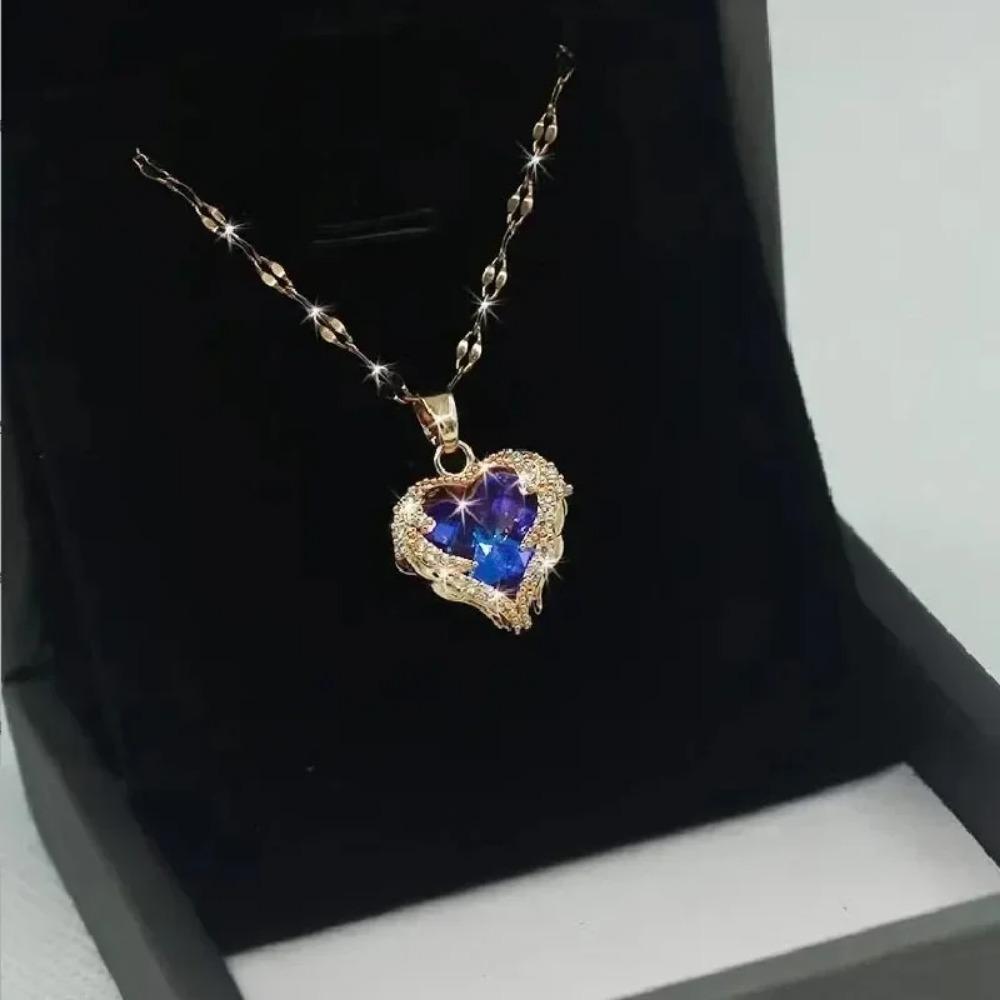 1 Pcs 925 Sterling Silver Romantic Couple Glass Encrusted Bronze Zircon Ocean Heart Pendant Combination Of Titanium Steel Chain