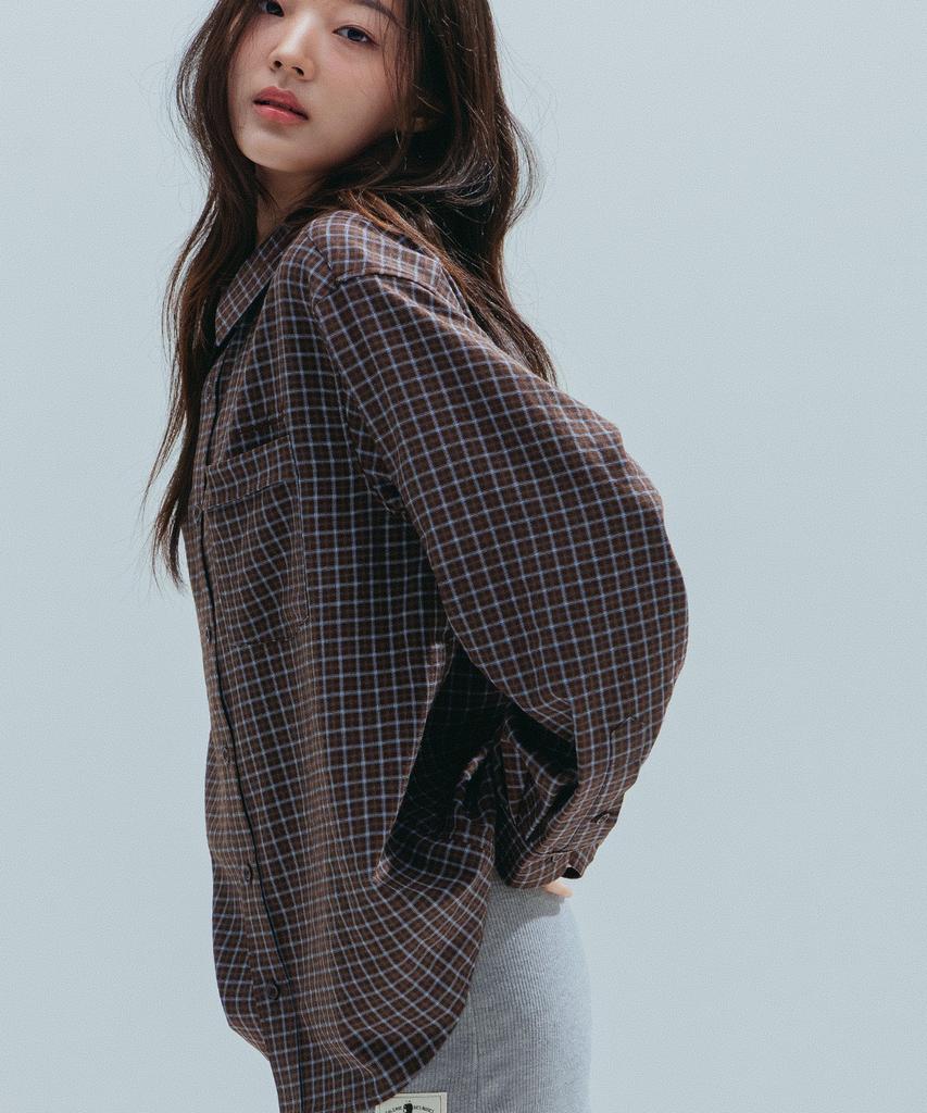 ANNEHEARTS Drape Square Check Shirt_Brown