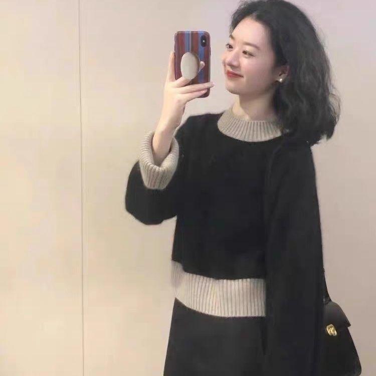 

Color Block Round Neck Knit Petite Women s Top - Autumn/Winter Trend L (Recommended 105-115 lbs)