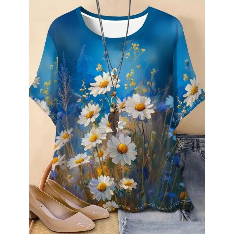 Fashion Women's 3D Flower Color Printing Flower Short Sleeve Crew Neck T-Shirt Crew Neck Short Sleeve