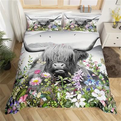 Copripiumino Mucca delle Highlands, Fiori Acquerello Animali Piante Set Biancheria da Letto 2/3 pezzi Per Donne Uomini Adulti Decorazione Camera, Alla Moda