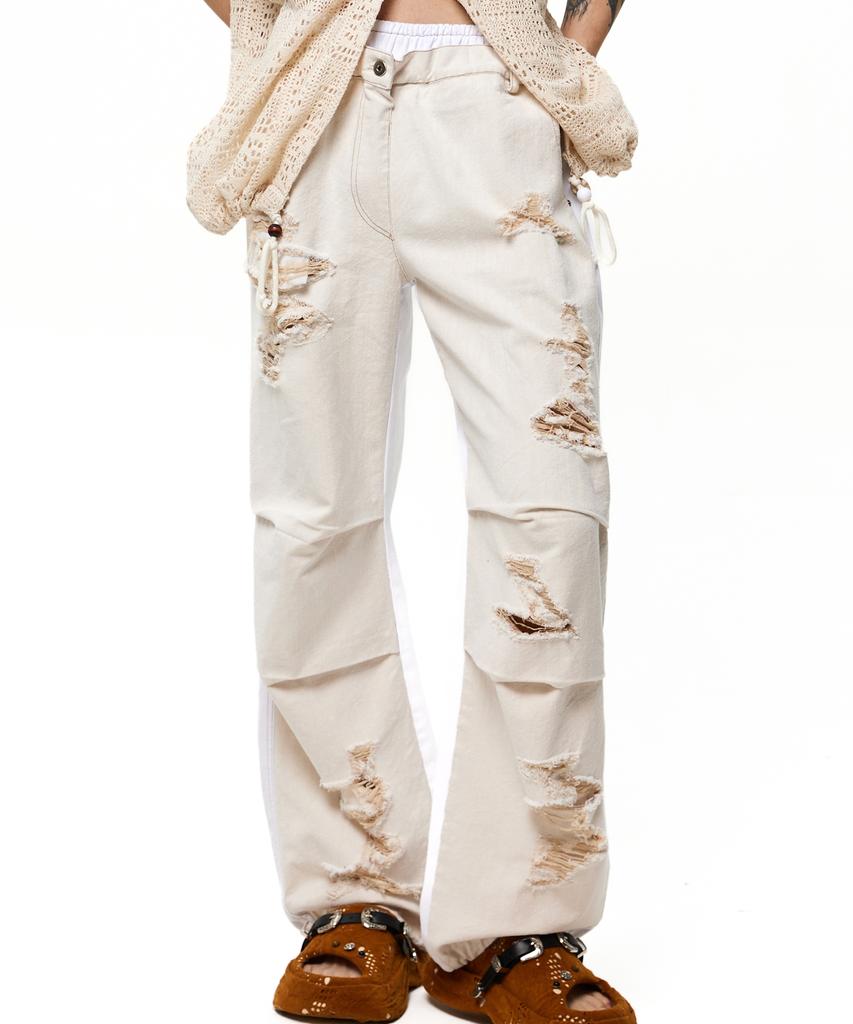 Aleseuseussi Layerd Destroyed Denim Pants - Ivory/White