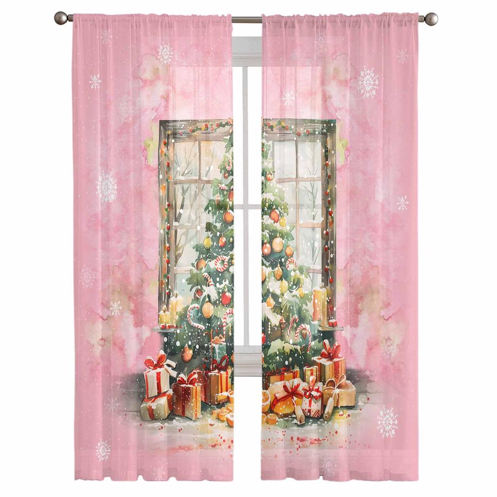 Christmas Tree Gift Fruit Curtains For Living Room Bedroom Home Decoration Window Voile Tulle Curtain Drapes