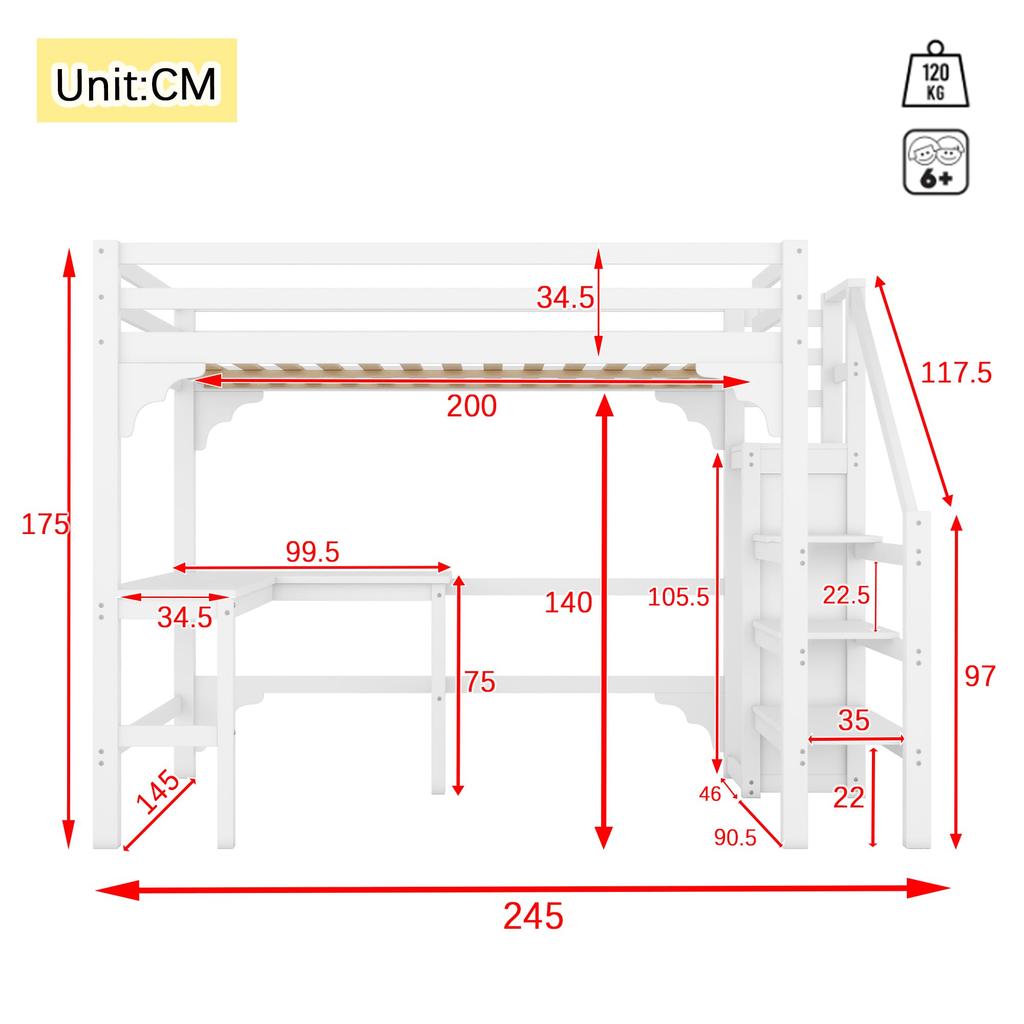 Bunk Bed 140x200 Cm, Children's Bed with L-shaped Desk, Open Wardrobe, Storage Ladder, and Side Rails, Made of Pine Wood Without Mattress