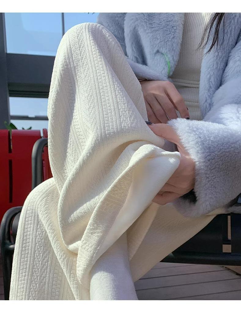 Petite Chenille Wide-Leg Fleece-Lined High-Waist Knitted Pants for Women - Autumn/Winter Wheat Ear Pattern