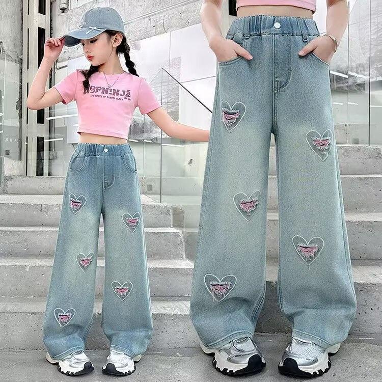 Blugi pentru fete Pantaloni pentru copii de primăvară și toamnă Pantaloni de damă la modă cu picioare largi drepte