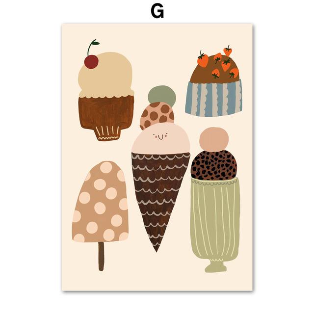 Cat Cherry Ice Cream Acorn Apple Sun Moon Fun Cartoon Vintage Poster Prints Wall Art Canvas Painting Kawaii Baby Kids Room Decor No Frame