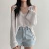 Chic Loose V-neck Off Shoulder Casual Knitted Pullovers Women Summer Thin Long Sleeve Knitwear Women Solid Elegant Fashion Sweater Woman Clothes 26587