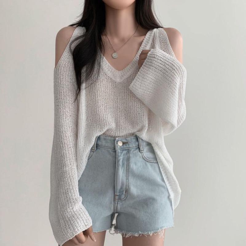 Chic Loose V-neck Off Shoulder Casual Knitted Pullovers Women Summer Thin Long Sleeve Knitwear Women Solid Elegant Fashion Sweater Woman Clothes 26587