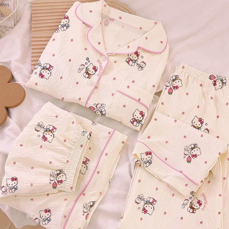 Sweet Little Strawberry Cloud Cotton Pajamas Women'S Casual Summer Short-Sleeved Three-Piece Set