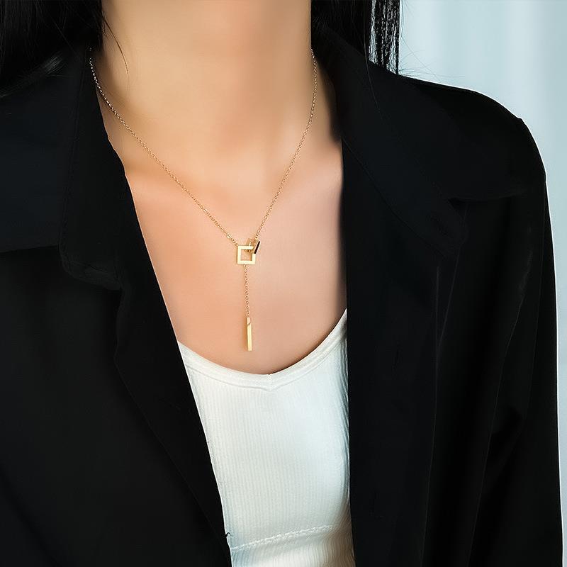 Stainless Steel Creative Design Gold Color Geometric Square Cross Pendant Necklace for Women Charm Long Choker Jewelry Colorfast