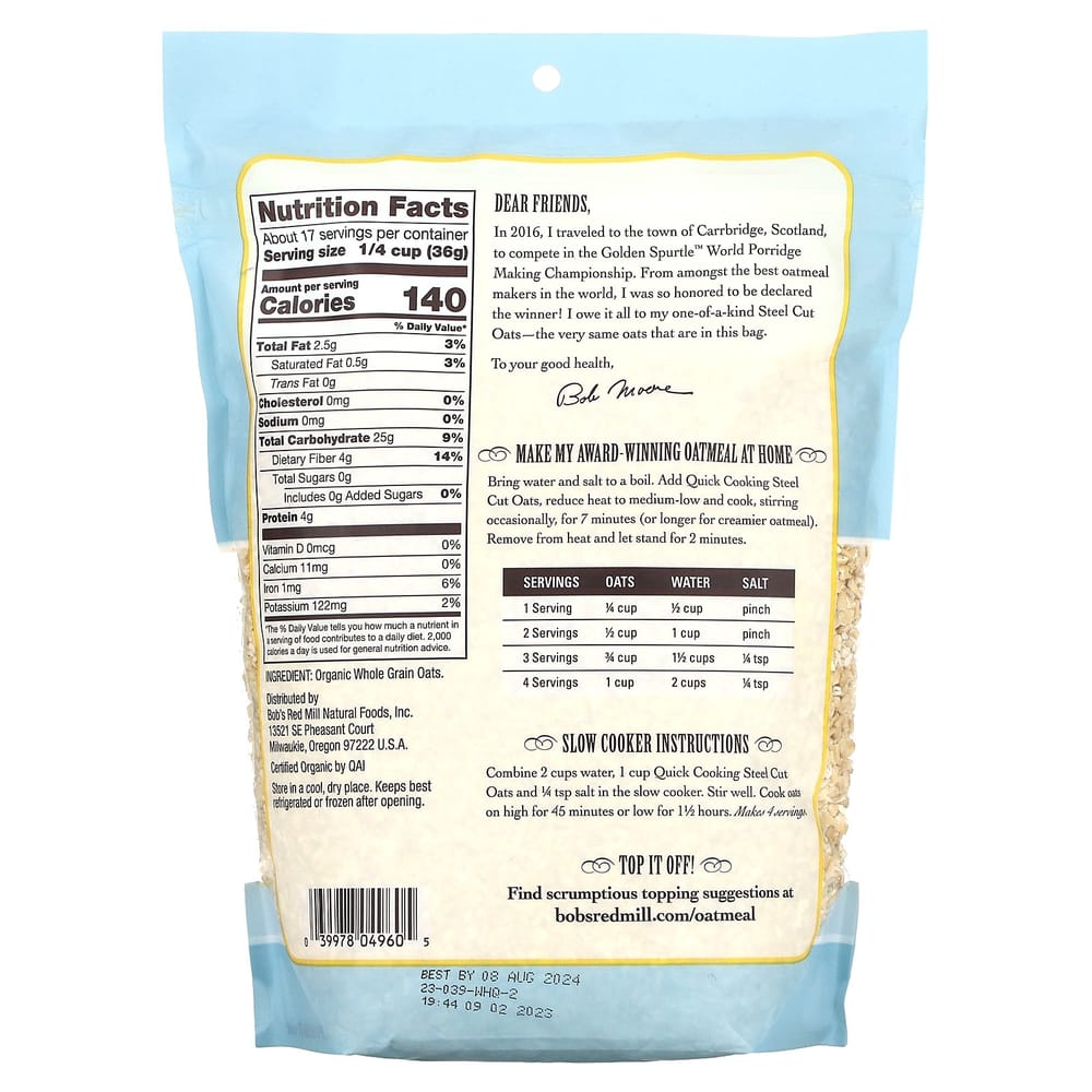 Bob's Red Mill Quick Cooking Steel Cut Oats Whole Grain 624g