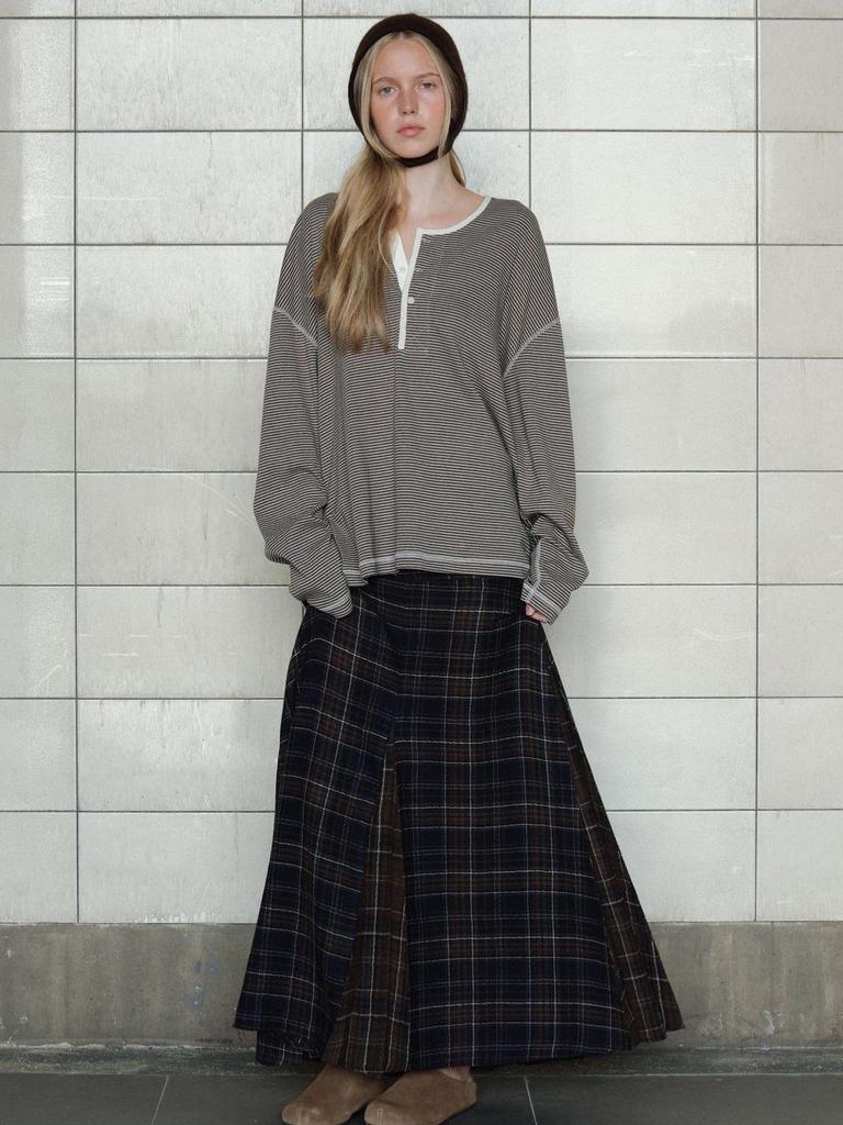 Viaplan Korean Autumn/Winter Elegant Retro Plaid Wool A-line Skirt