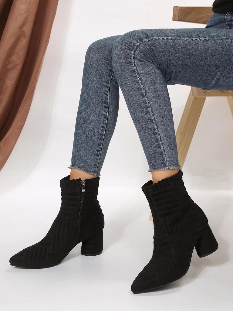 2025 New Large Size Towel Cloth Short Boots Women's Thick Heel Short Boots Foreign Trade Side Zipper High Heel Pointed Short Boots