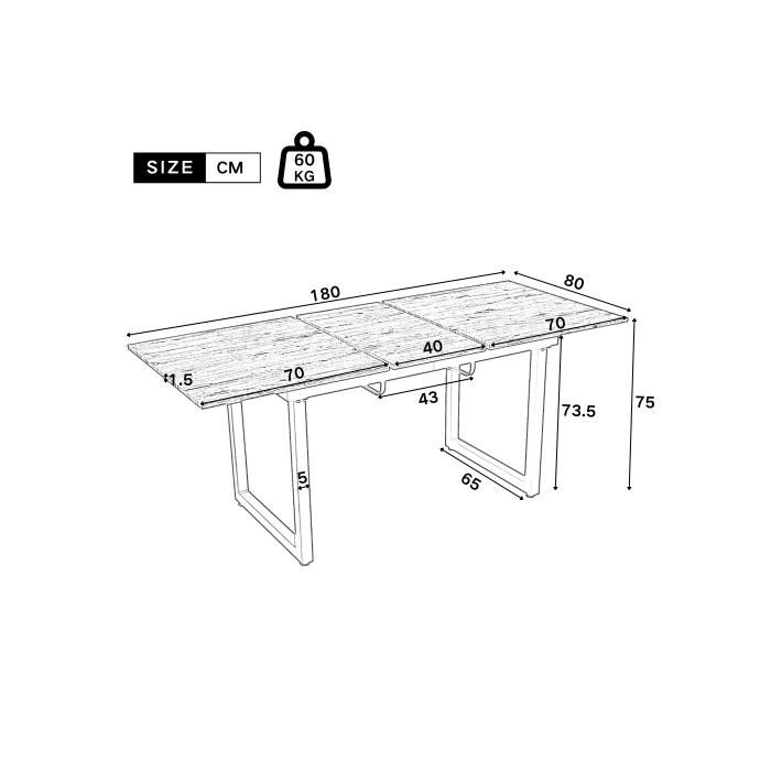 Table De Salle À Manger Extensible - MUVOE - L140/180*L80*H75 - Aspect Chêne + Noir - 6 Places - Métal