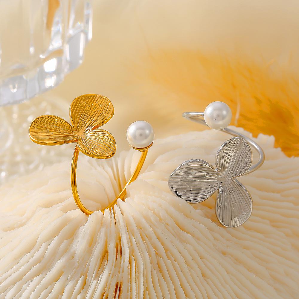 Pearl Flower 18K Gold Adjustable Titanium Steel Ring & Fashion Earrings Set