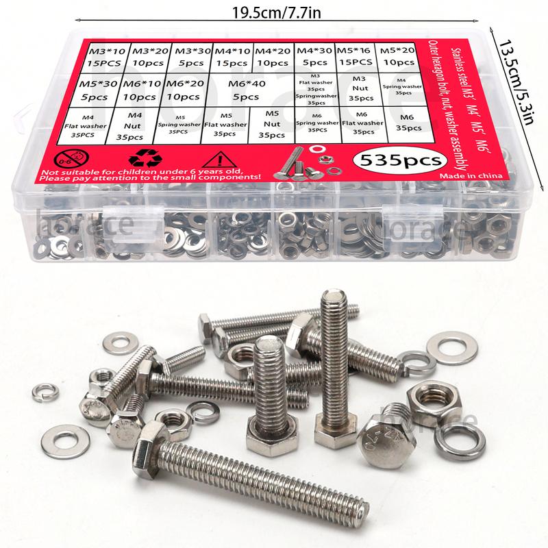 535-piece Hexagon Head Bolts, Nuts and Flat Washers Kit, M3/M4/M5/M6 Heavy Duty Stainless Steel Full Thread