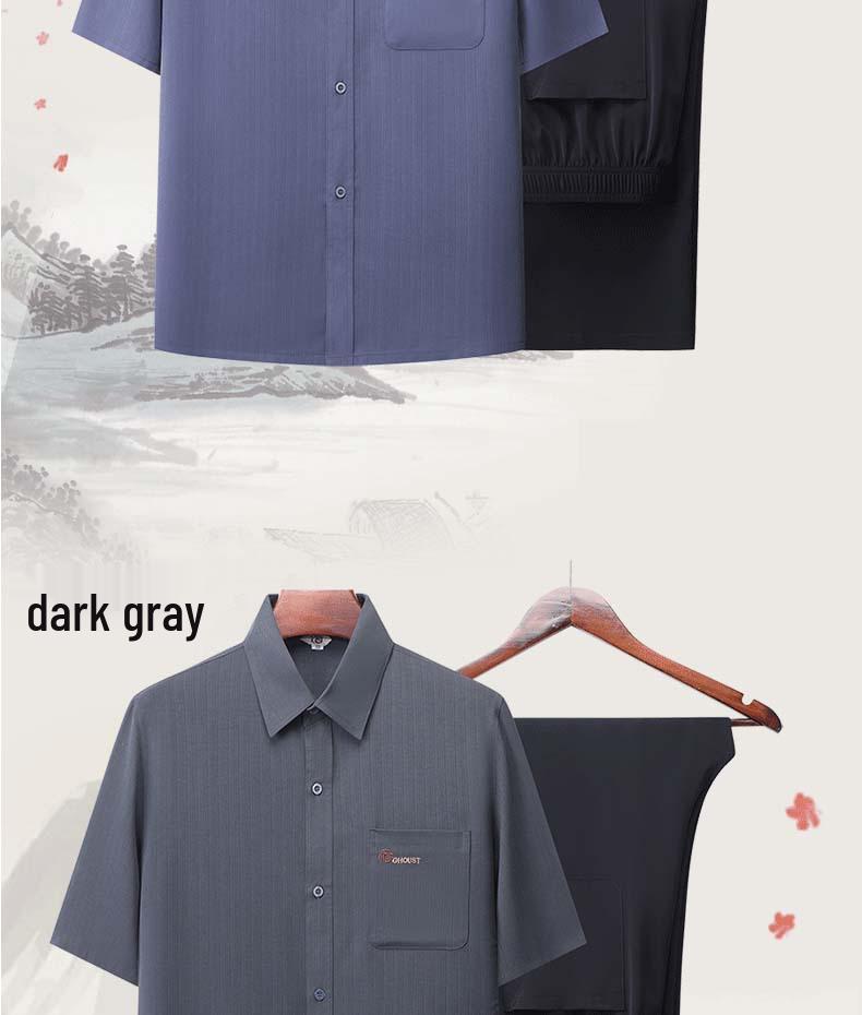 Men's Summer Jacquard Ice Silk Two-Piece Set: Short-Sleeved Loose Shirt & Casual Pants for Middle-Aged and Elderly