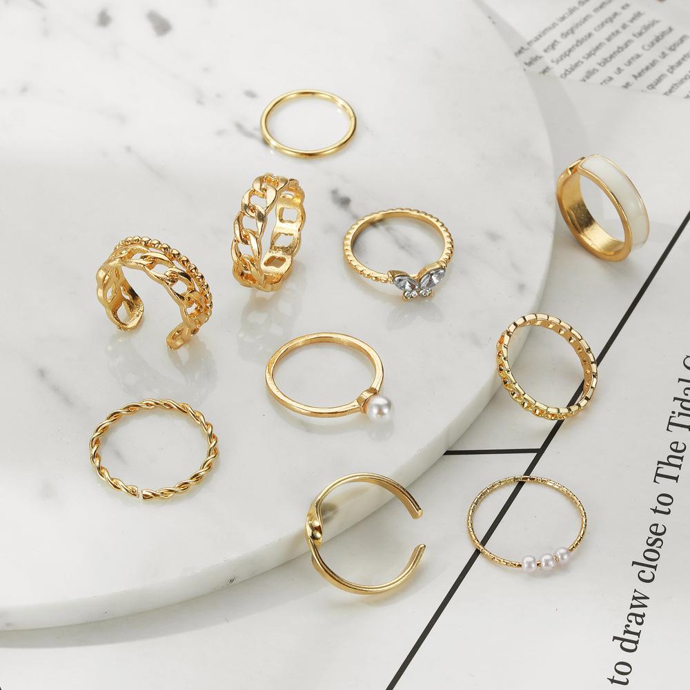 New retro inlaid pearl chain ring butterfly open ring ins wind ring set 10-piece set