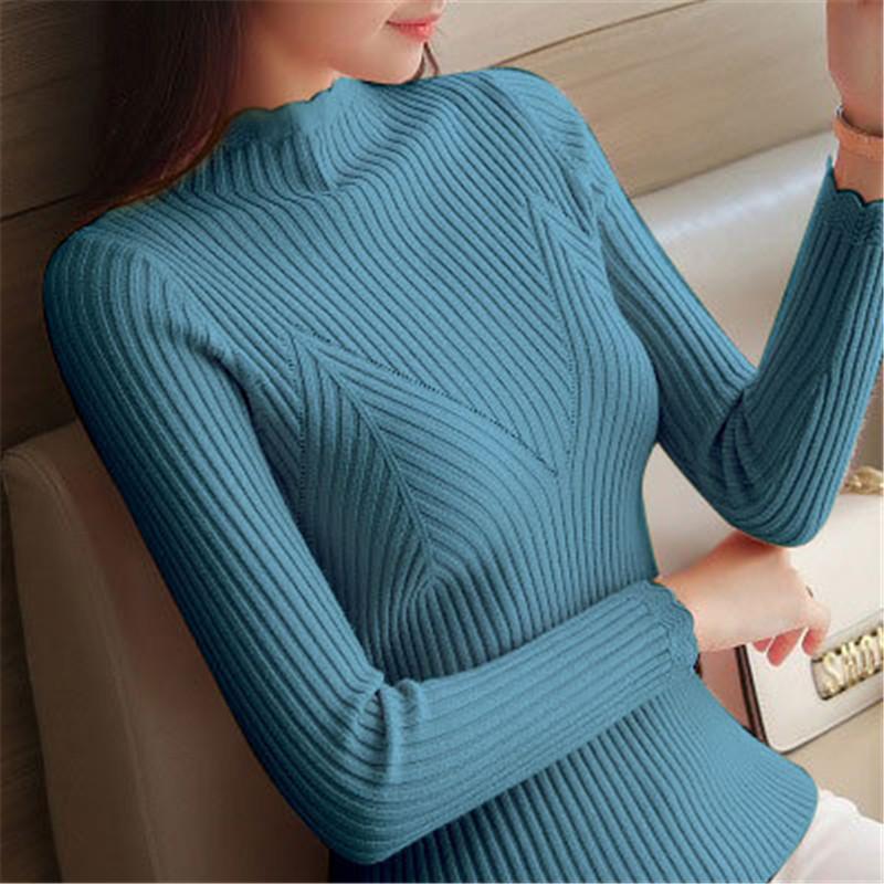 

Весенне-осенний вязаный свитер с длинными рукавами, женский повседневный кружевной пуловер с воротником-стойкой, плотно прилегающий топ One Size синий