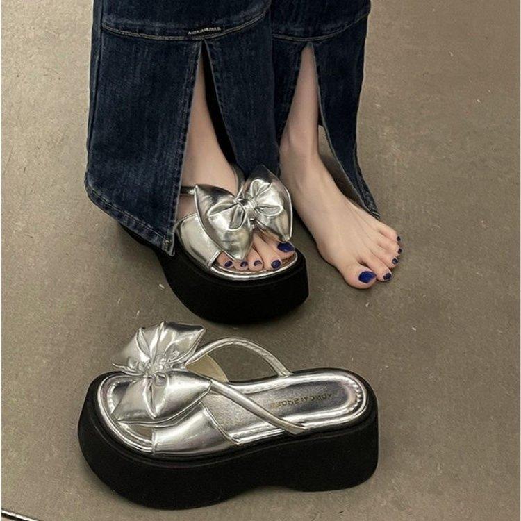 Bow Thick Bottom Heightening 7CM Slippers Women's Summer Wear Fashion Fairy Style 2025 New One-word Sandals