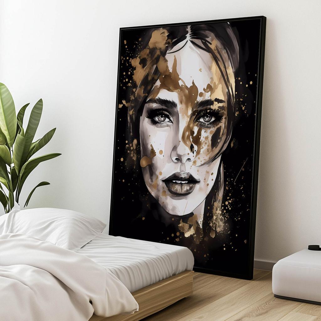 Twarz Kobiety W Czerni I Złocie Twarz Kobiety W Czerni I Złocie, 50X70 Cm, Bez Ramy, Płótno Premium Na Blejtramie