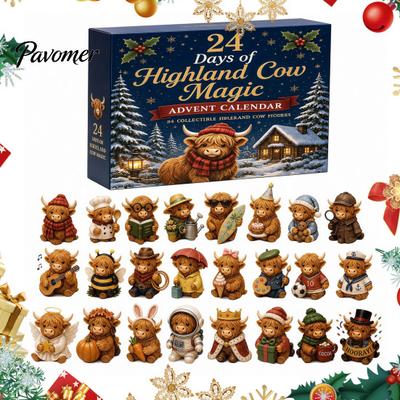 Highland Cow Advent Calendar Calendar, 24 Unique Acrylic Ornaments, Decorative Cute Animal Hanging Charms 2D Flat for Christmas Tree Decoration