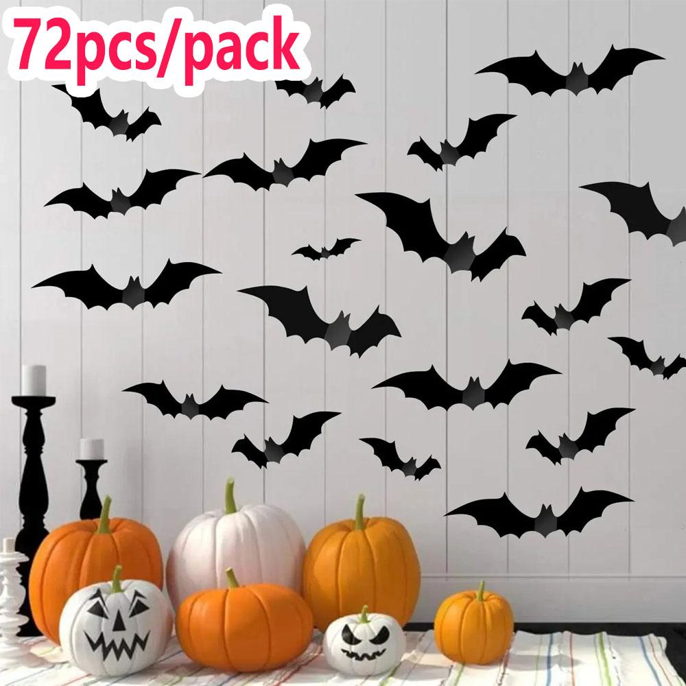 72pcs 3D Black PVC Bat Wall Stickers Halloween Decorations Scary Party Props DIY Home Bar Room Decoration for Spooky Halloween Night
