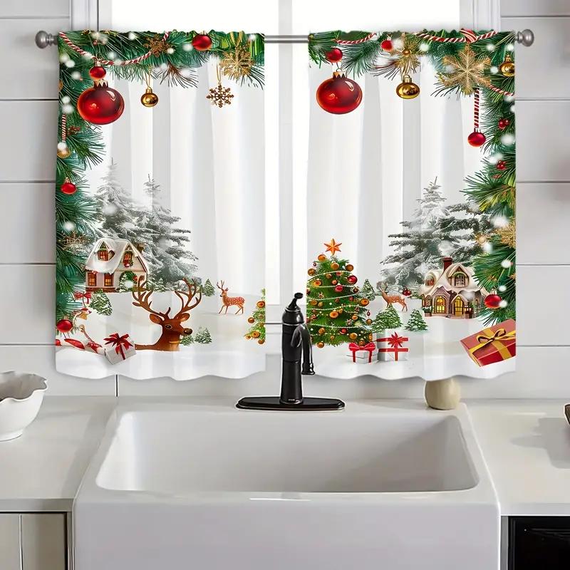 Set Of 2 Charming Christmas Scene Patterned Curtains Cute Design Filter Polyester Family Windows Curtain