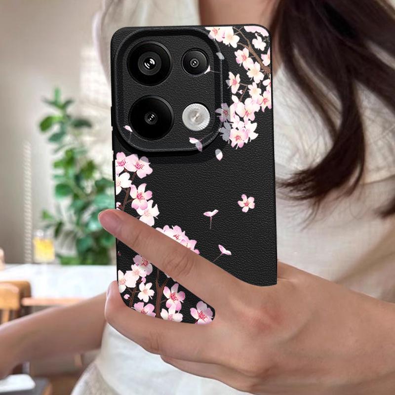 Rosa Pfirsichblüten Blumenmuster Hülle Für Xiaomi 14T 13T 11T Pro Funda Redmi Note 14 13 12 11 Pro 5G 4G Lederstruktur Silikonabdeckung