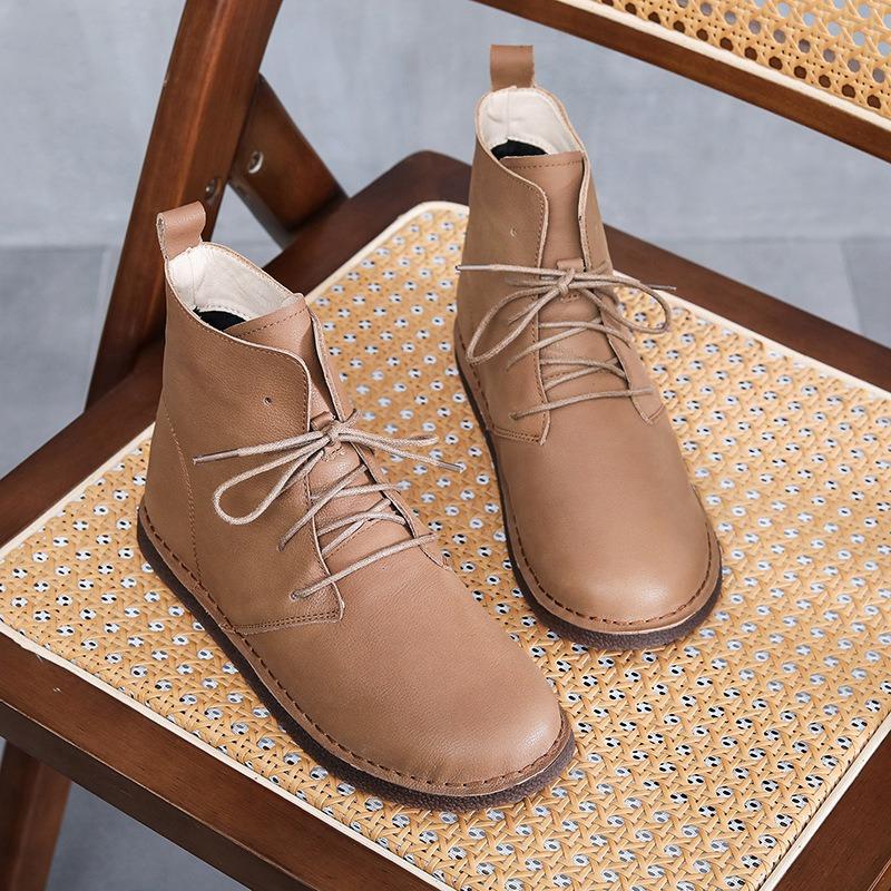 Handmade 100% Genuine Leather Short Boots Women's Flat Heel Big Head Boots Women Leisure Shoes Warm Women Boots