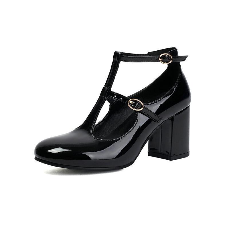 New Mary Jane Shoes High Quality Leather Shoes Shallow Round Toe Womens Chunky Heels Buckle Strap Women's Pumps Plus Size 43