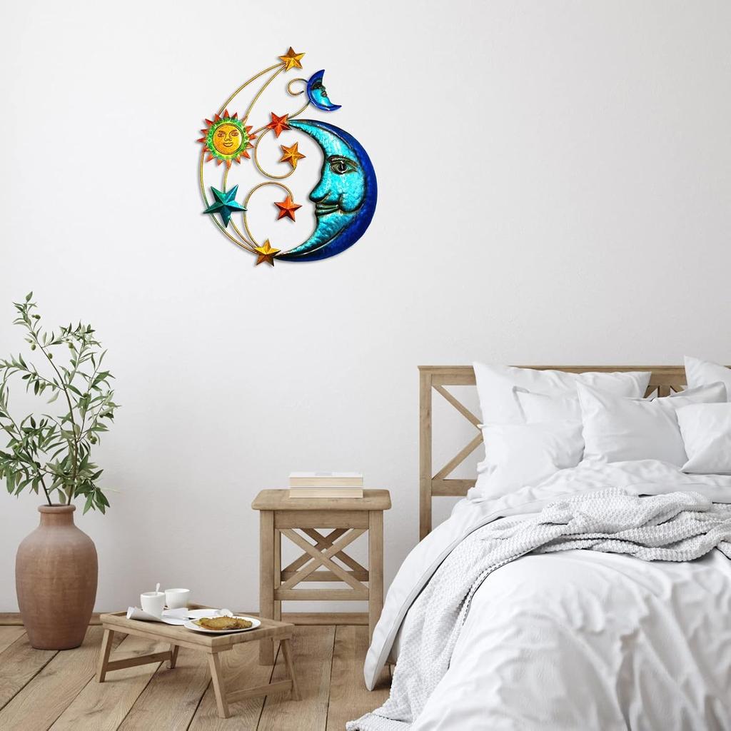 Metal Sun Outdoor Wall Art Decor, Large Size 17'' Sun Face Metal Wall Sculpture with Moon & Stars for Home Wall Decoration Living Room, Bedroom,