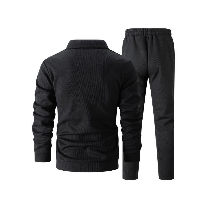 Men Waffle Texture Zipper Pocket Turn Down Collar Slim Fit Jacket Pants Set